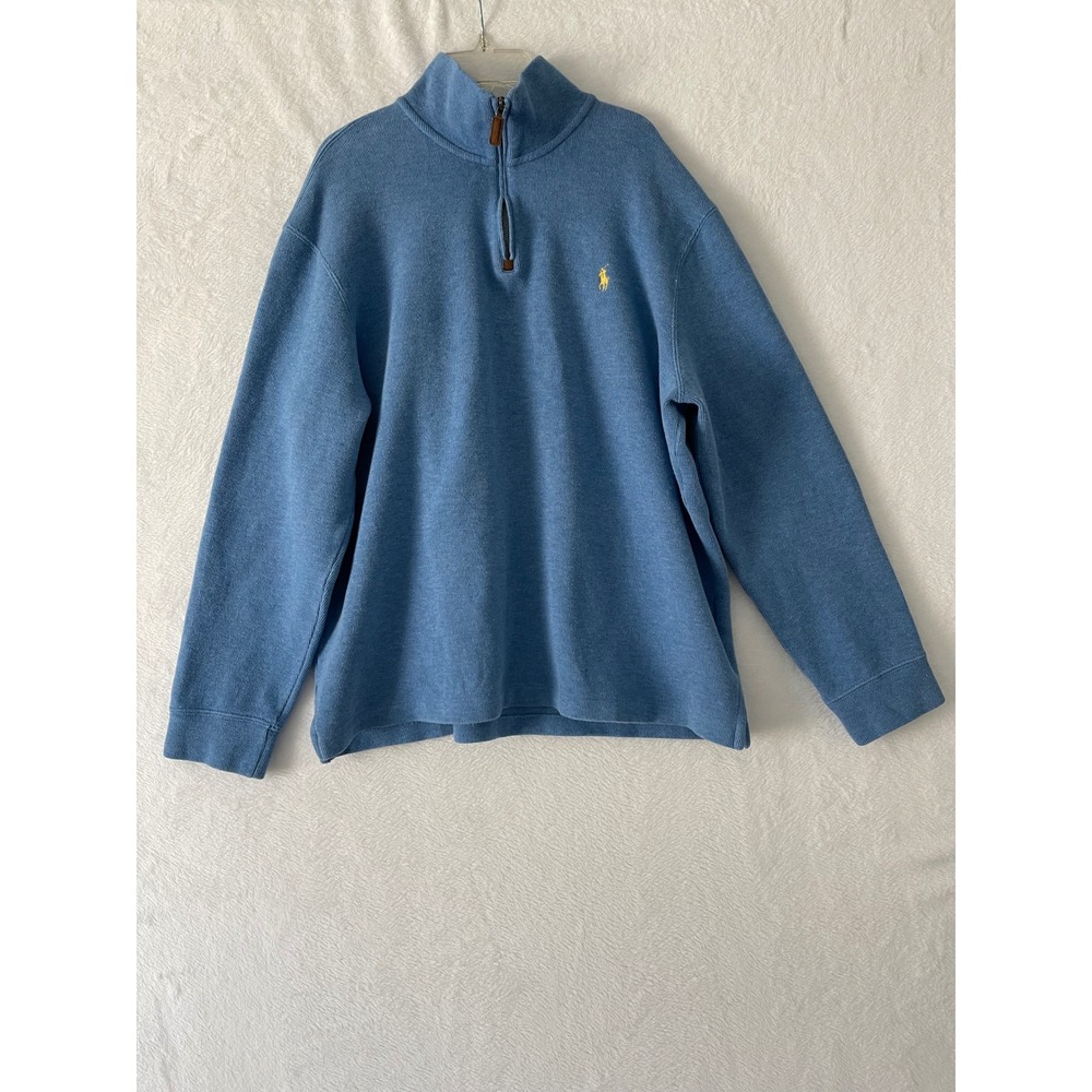 Polo Ralph Lauren Mens XL Blue Cotton Quarter Zip Pullover Sweater Yellow Pony